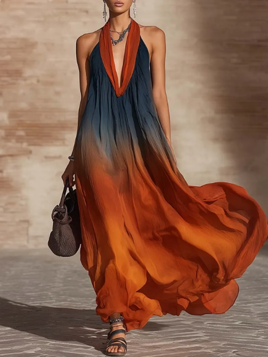 Loose Pleated Neck Maxi Dress