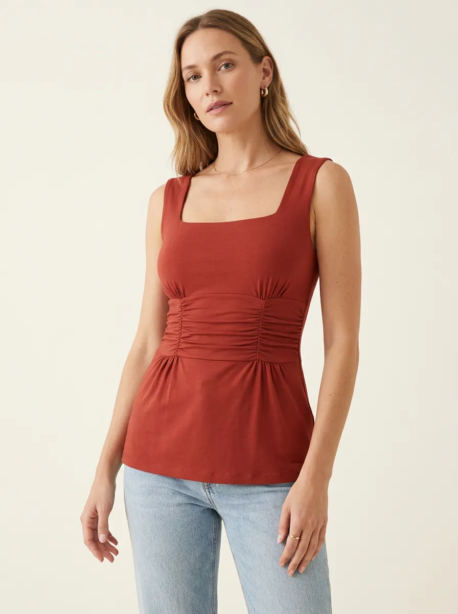 Ruched Square-Neck Waist-Ruched Ruched Tank Top