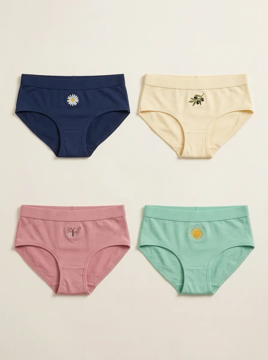 Women's Four-Pair Nature Motif Embroidered Brief Set