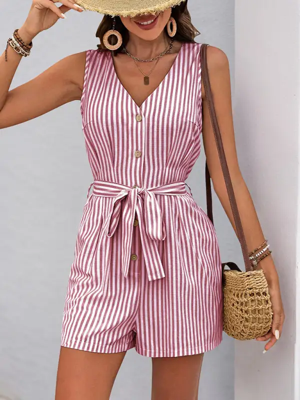 V Neck Sleeveless Striped Jumpsuit