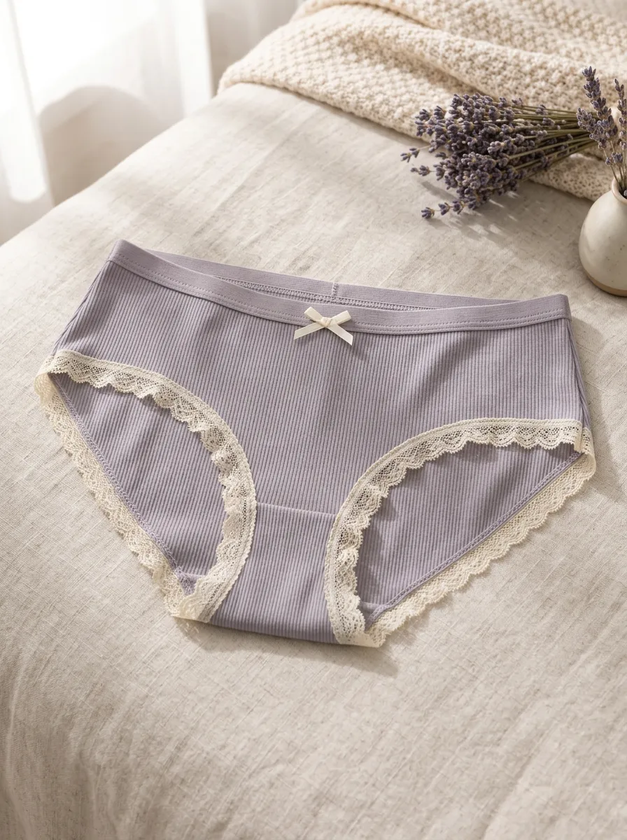 Women's Classic Ribbed Lace Trim Bowknot Panties