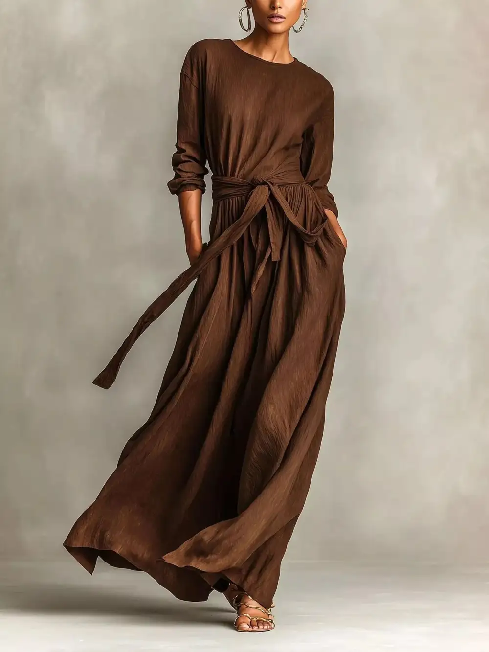 Relaxed Shape Tie Waist Long Sleeve Maxi Dress