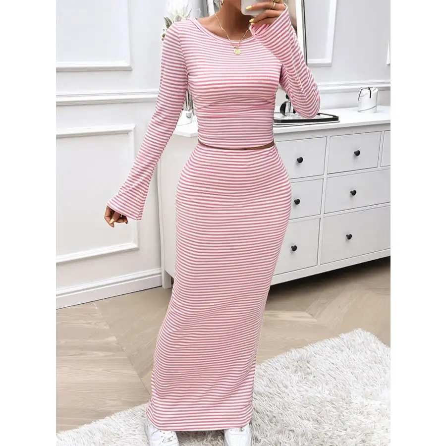 Striped Boat Neck Top and Skirt Set