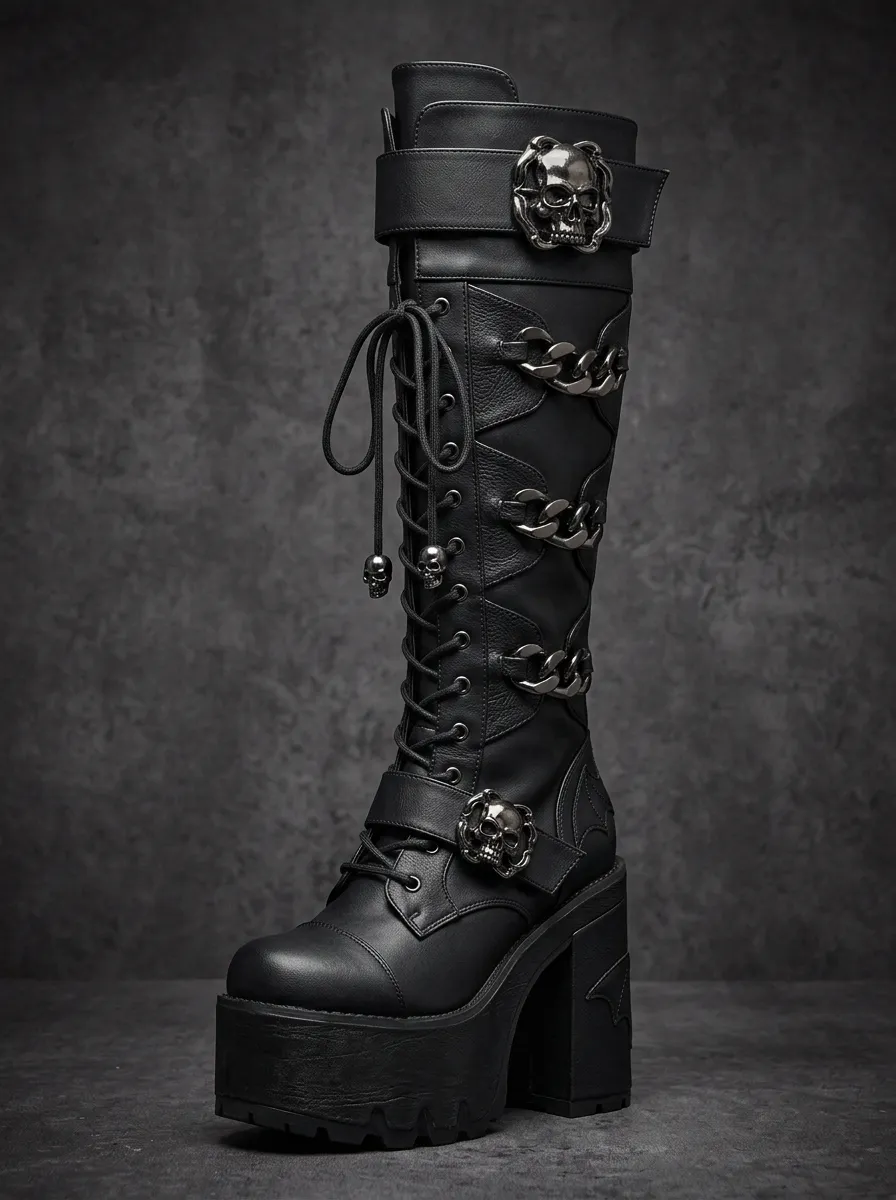 Modern Gothic Skull Chain Statement Women's Gothic Platform Knee High Boots