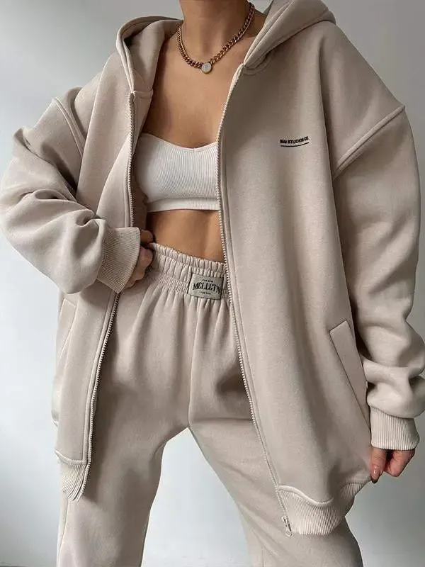 Women's long sleeve plus fleece hoodie trousers casual fashion print hooded suit