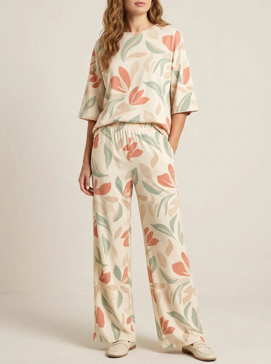 Women's Muted Floral Print Wide-Leg Lounge Set