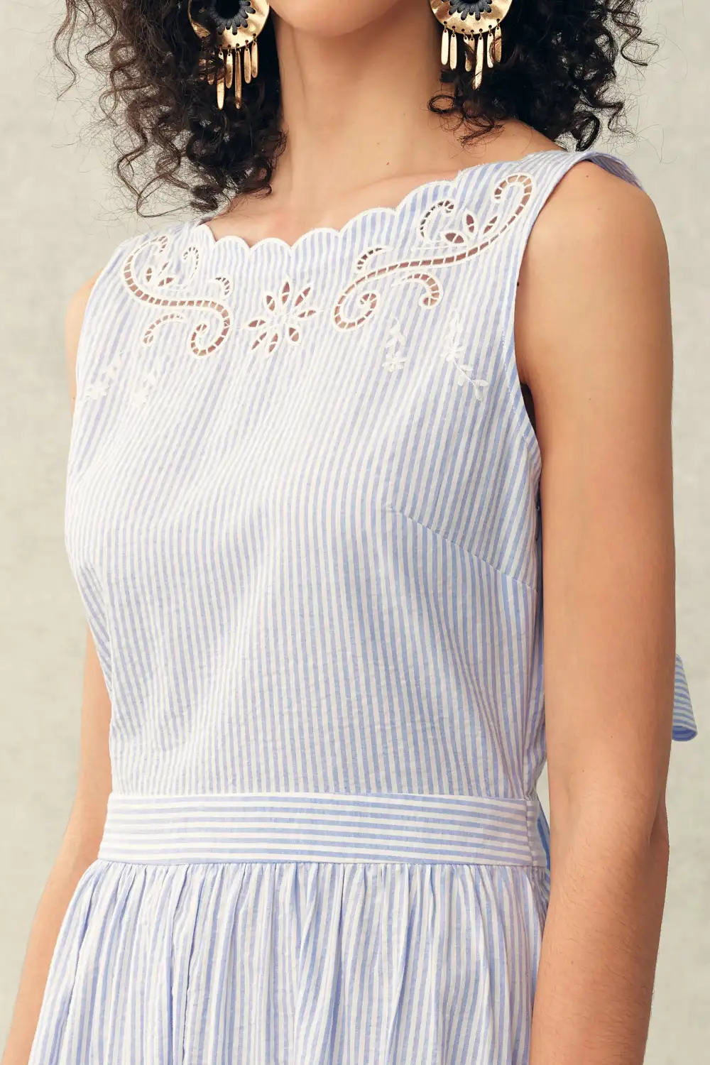 Sleeveless Open Back Embroidered Striped Crinkled Cotton Midi Dress