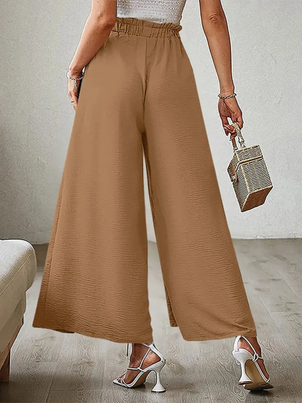 Wide Leg Tie Waist Slit Detail Casual Pants