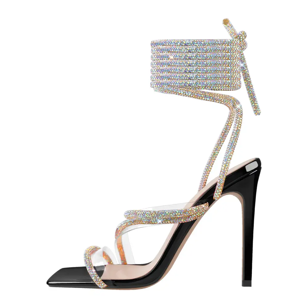 Rhinestone Strap Lace Up High Heel Sandals