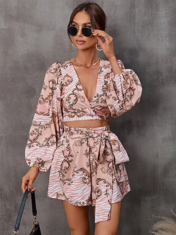 Hollowed Out Long Sleeved V Neck Shorts