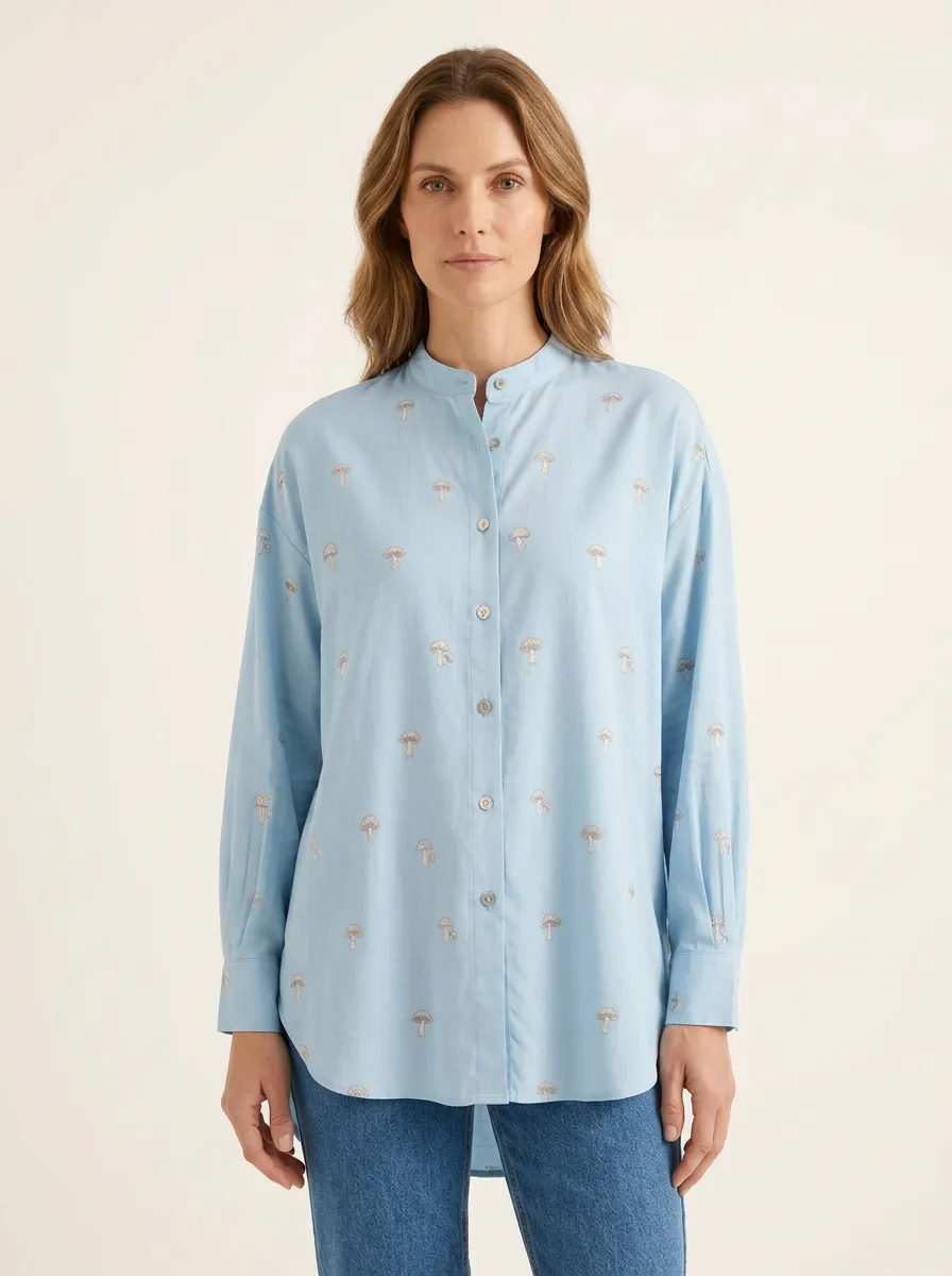 Women's Mushroom-Print High-Low Mandarin Shirt