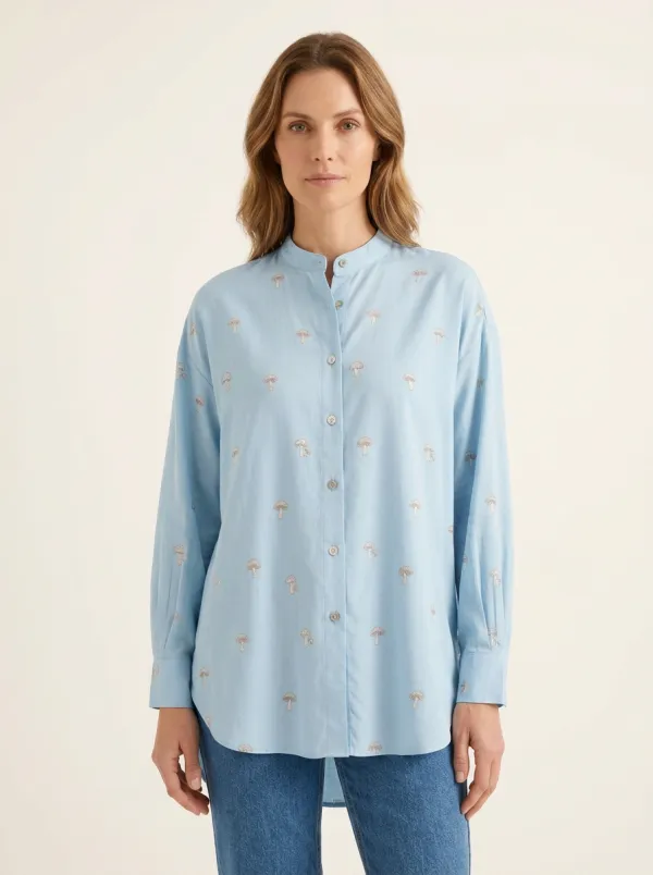Women's Mushroom-Print High-Low Mandarin Shirt