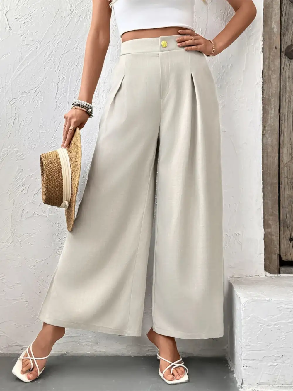 Wide Leg Pleated Slit Detail Pocketed Pants