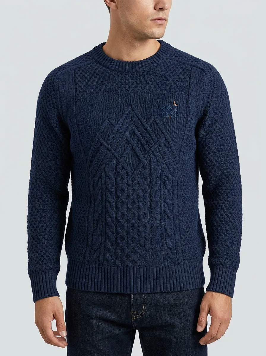 Men's Navy Nature Mountain Tree Moon Embroidered Knit Sweater