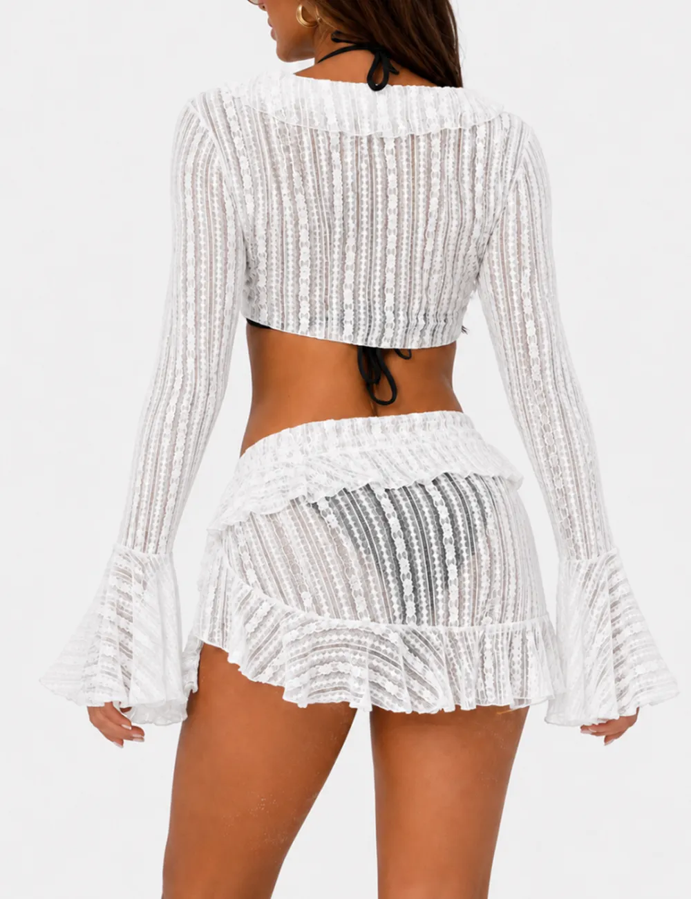 Solid Color Triangle Bikini Four Piece Set with Cover Up and Mini Skirt