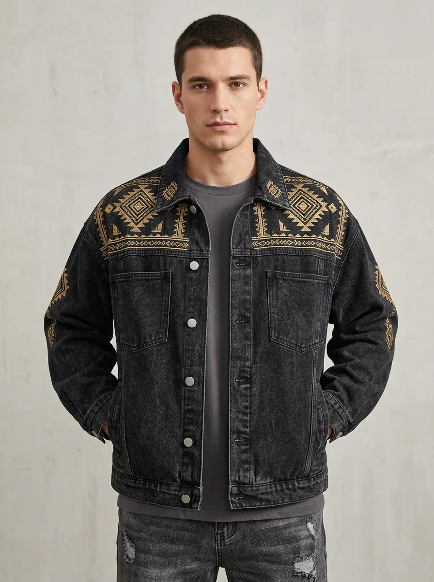 Men's Pattern Focused Tribal Geometric Denim Jacket