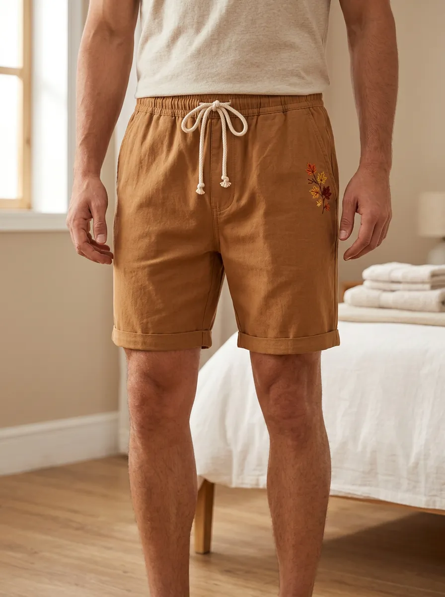 Tan Embroidered Leaf Detail Drawstring Drawstring Shorts
