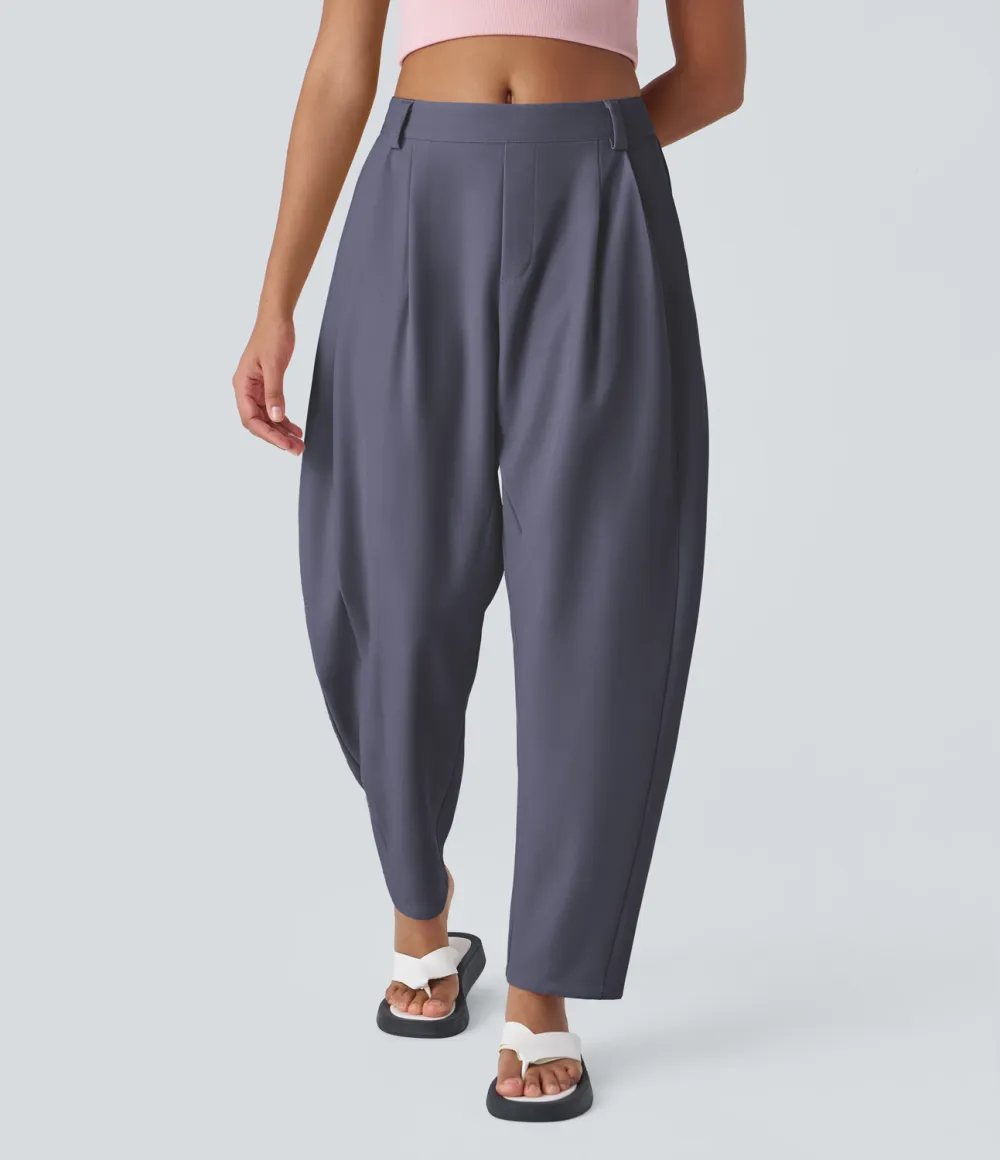 Mid Rise Plicated Side Pocket Barrel Leg Work Pants