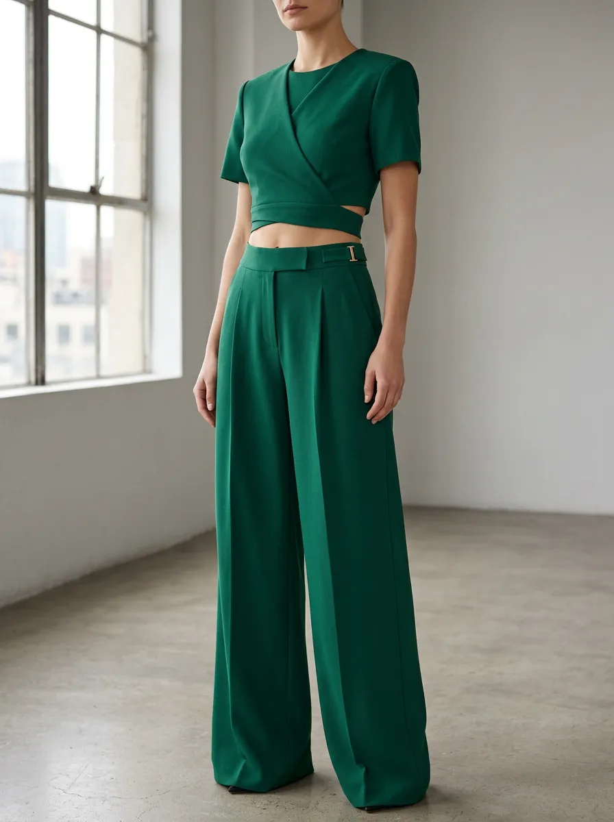 Women's Emerald Wrap Crop Wide Leg Pants Set