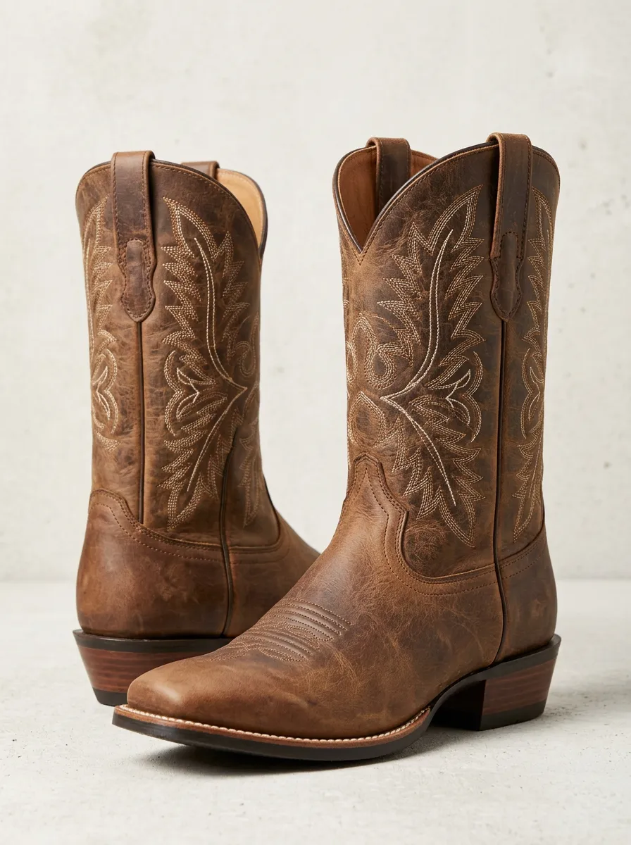 Unisex Classic Western Embroidered Leather-Look Ranch Look Western Cowboy Boots