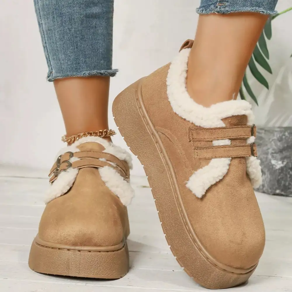 Buckle Strap Faux Fur Trim Platform Boots