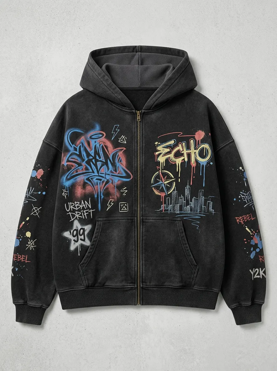 Unisex Streetwear Y2K Graffiti Echo Urban Drift Printed Zip-up Hoodie