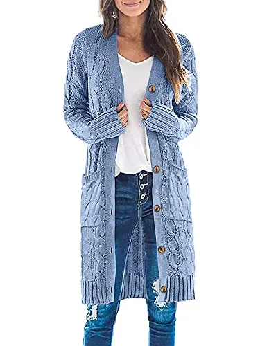 Womens Long Sleeve Cable Knit Long Cardigan Open Front Button Sweater Outerwear