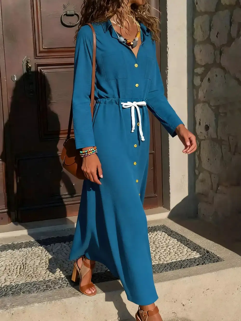 Button Front Long Sleeve Dress Casual