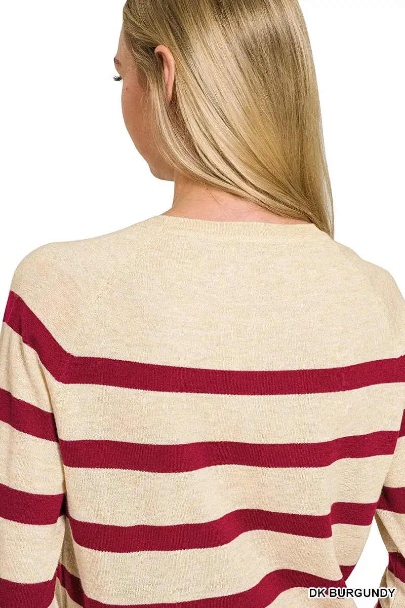 Relaxed Lightweight Wool Blend Striped Round Neck Sweater