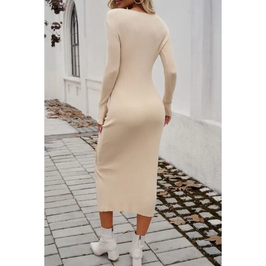 Drawstring Round Neck Long Sleeve Midi Dress