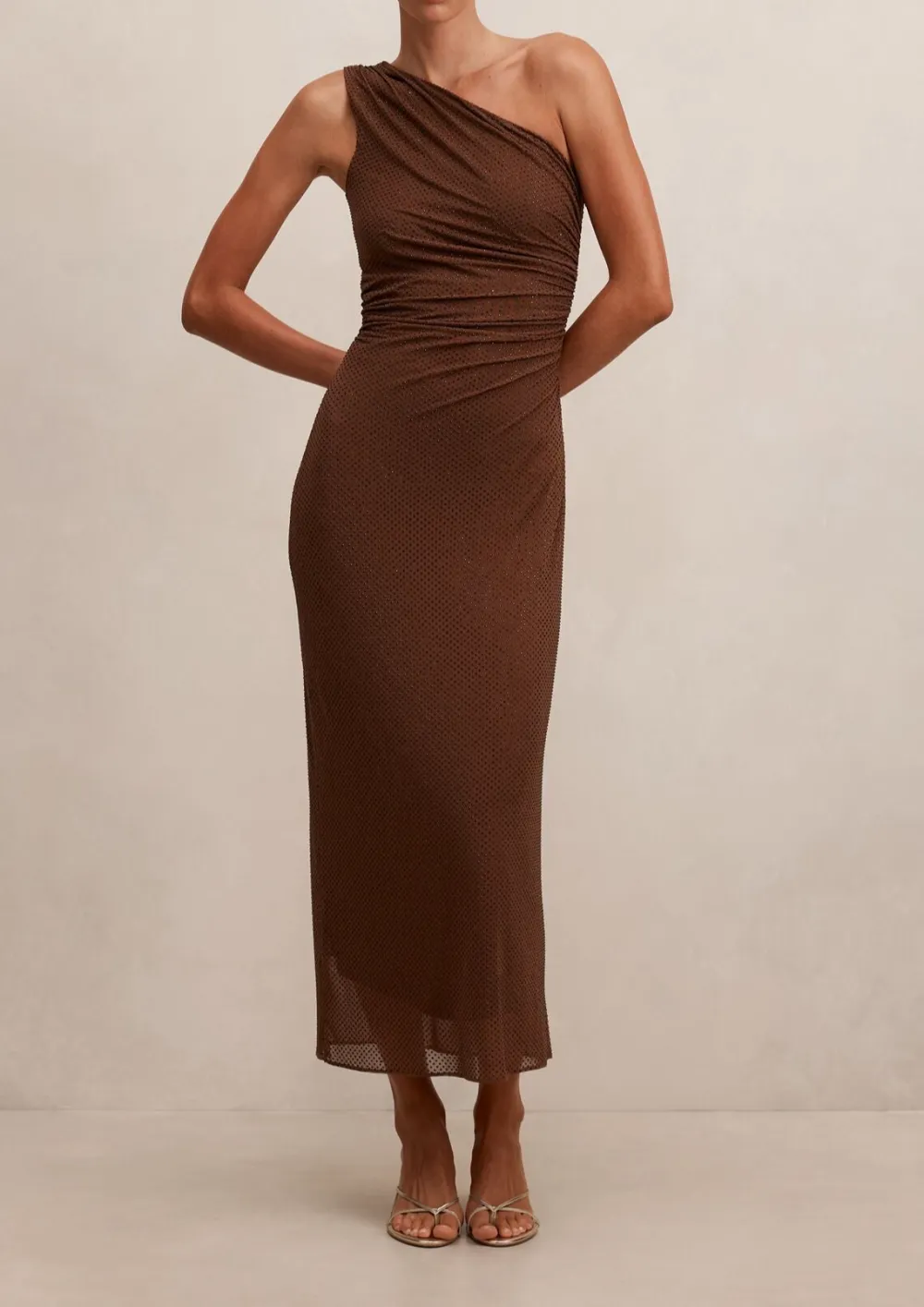 Brown One-Shoulder Ruched Bodycon Maxi Dress