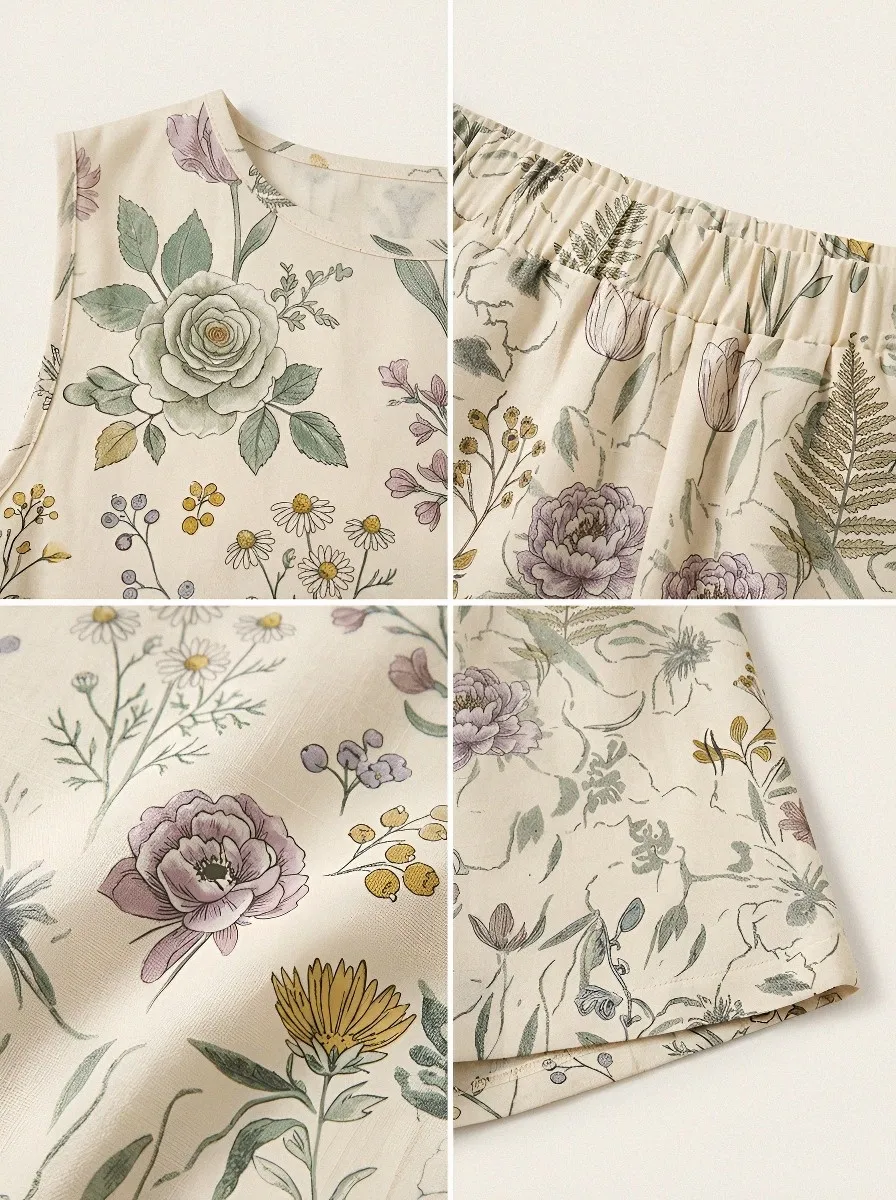 Women's Floral Botanical Garden Printed Sleeveless Shorts Set
