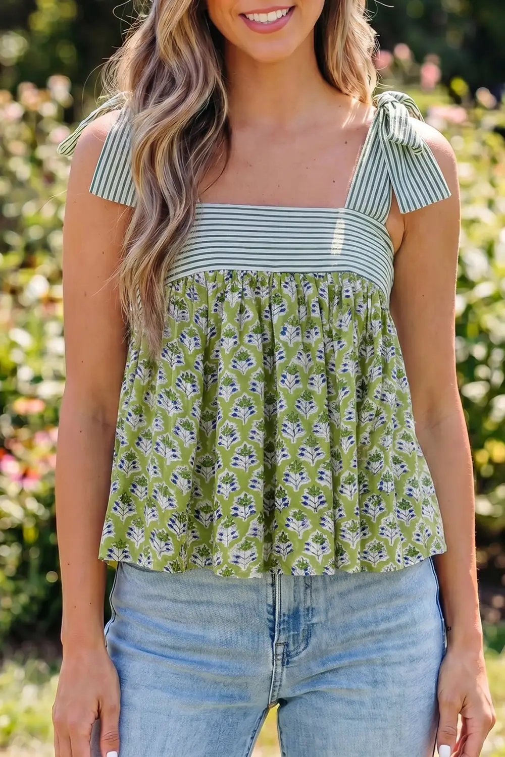 Refined Floral-Print Striped Tank Top