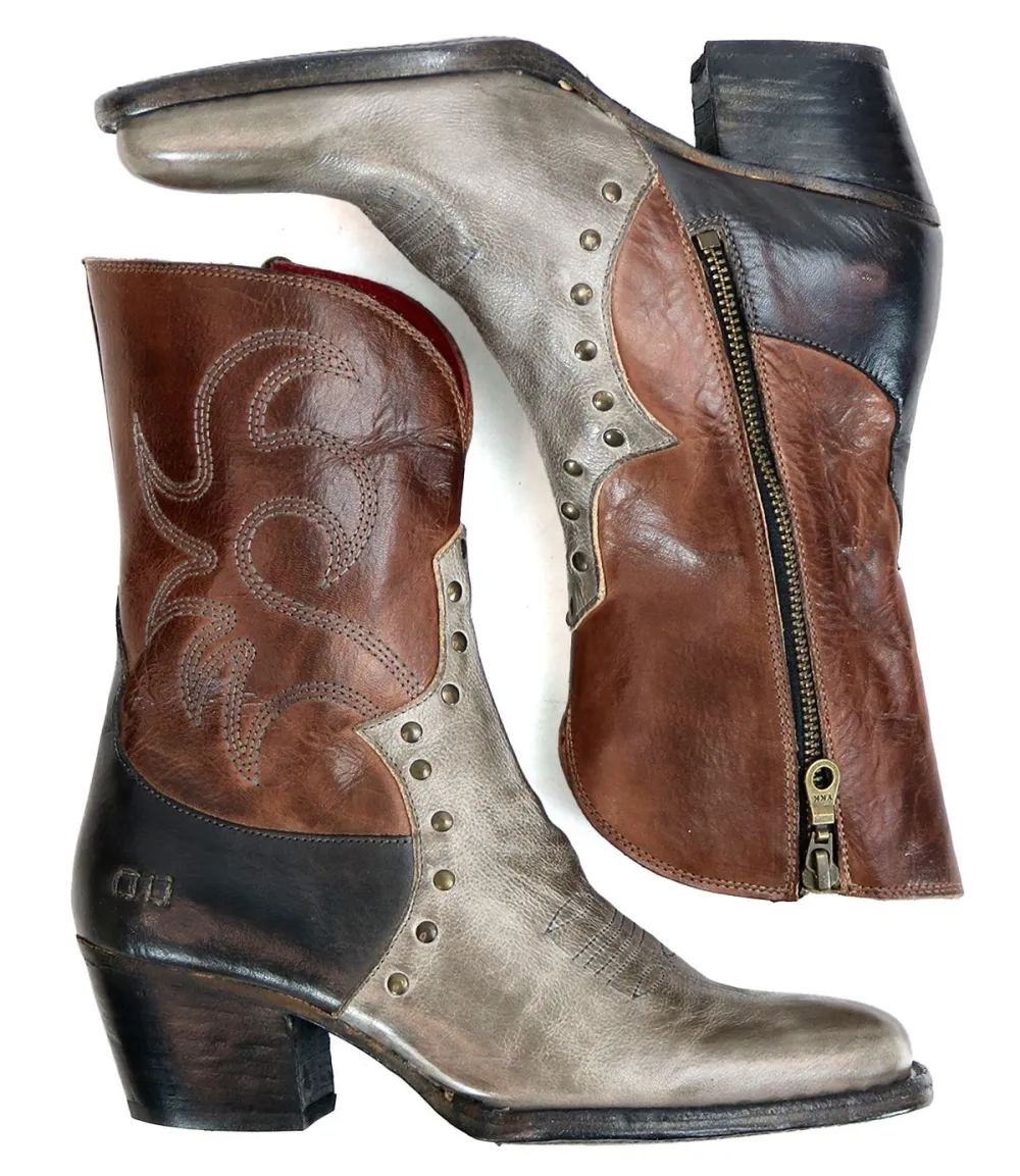 Side-Zip Studded Contrast-Stitched Western Boots