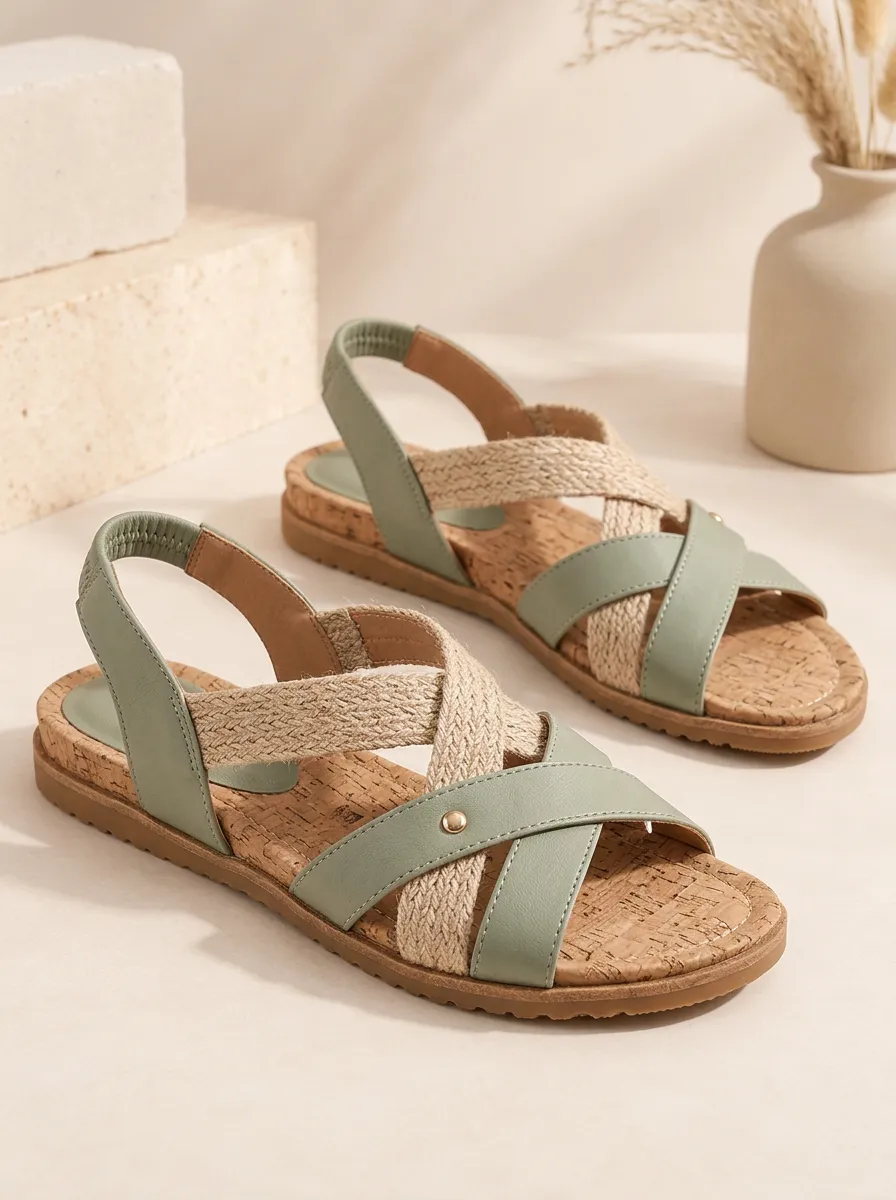 Women's Woven Cork Detail Flat Sandals