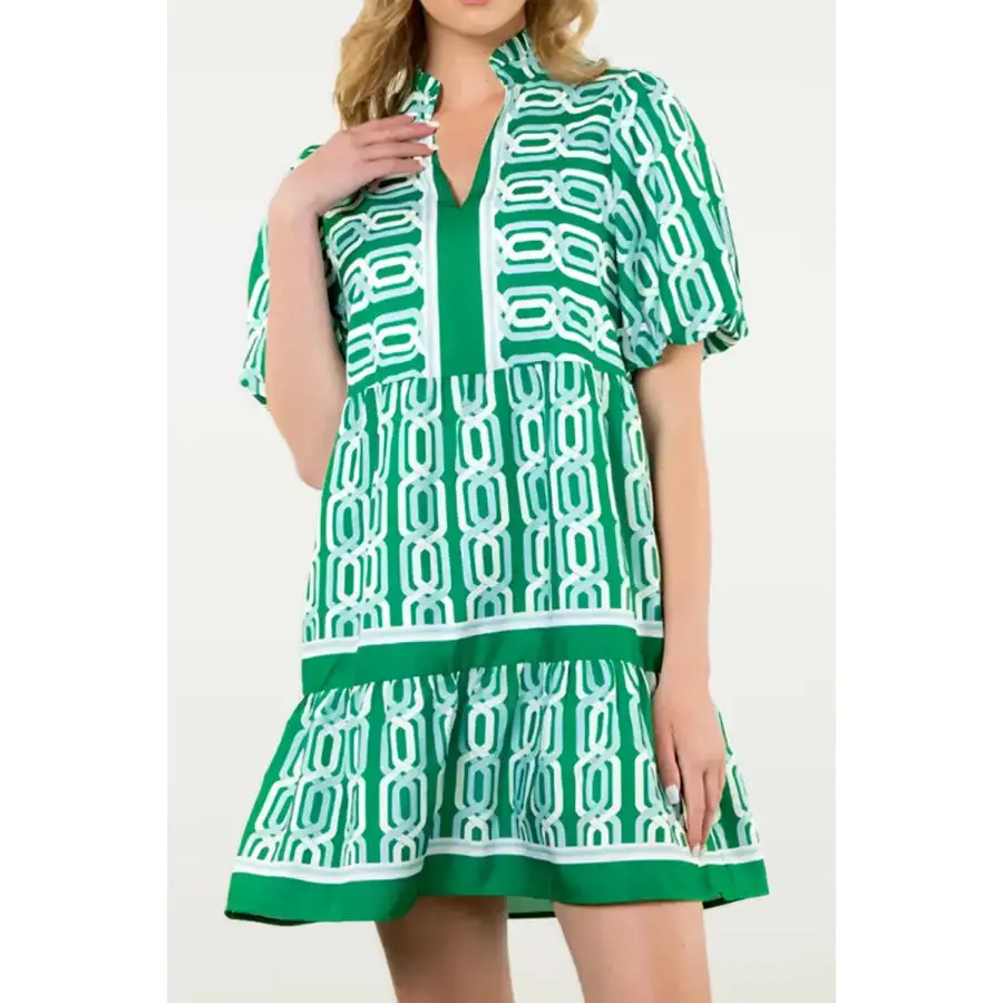 Abstract Patterned V Neck Puff Short Sleeve Mini Dress