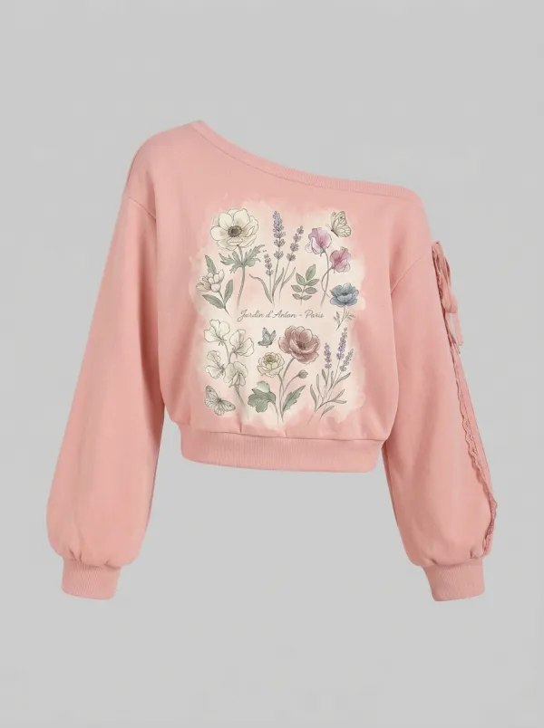 Women's Paris Botanical Garden Butterfly Printed Off-shoulder Sweatshirt