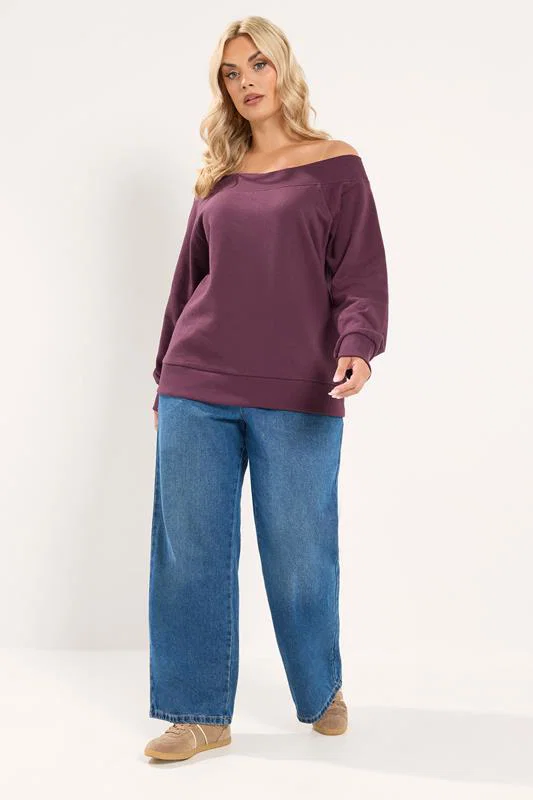 Burgundy Red Ribbed Off Shoulder Sweatshirt detail 1