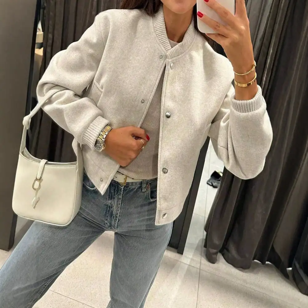 Cropped Teddy Ribbed Trim Bomber Jacket