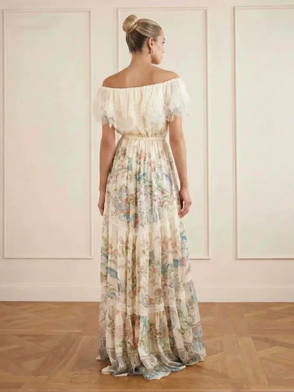 Bohemian Floral Bird Print Maxi Dress