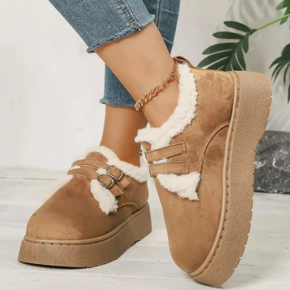 Buckle Strap Faux Fur Trim Platform Boots