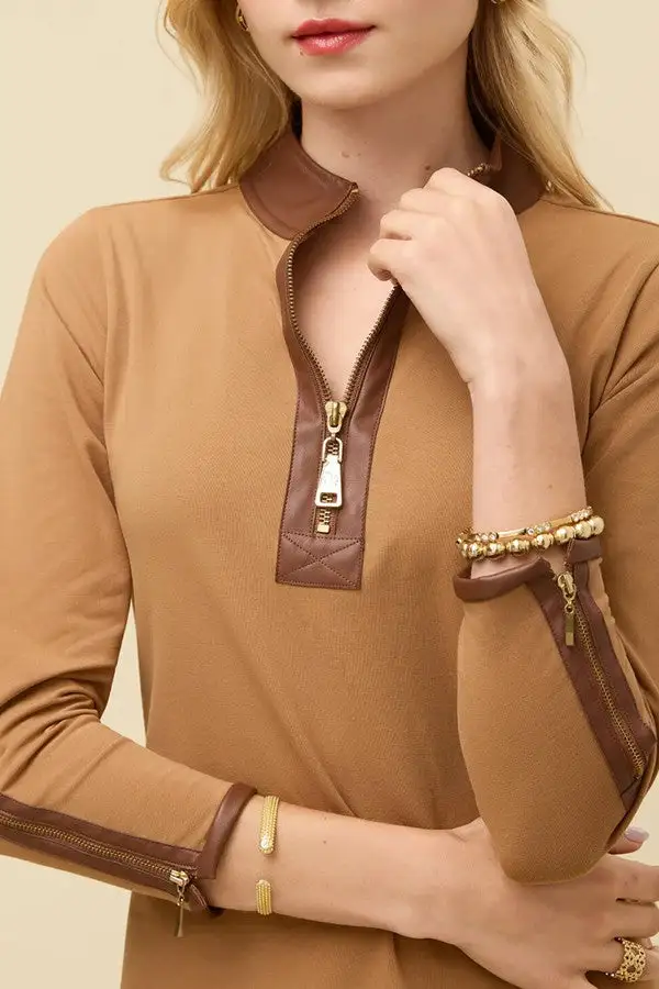 Tan Half Zip Vegan Leather Midi Dress