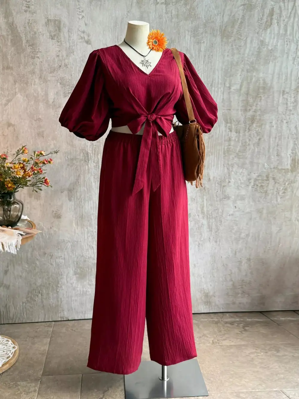 Plus Size Tie Front Puff Sleeve Top and Wide Pants