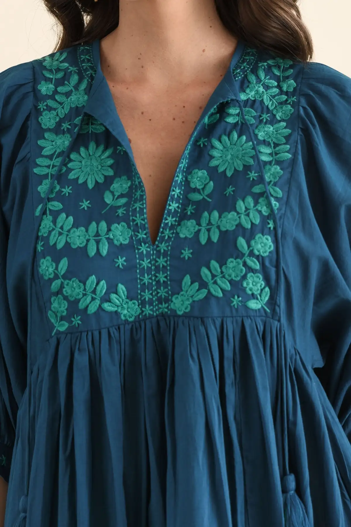 Cotton Pocket Embroidered V-Neck Half-Sleeve A-Line Below-Knee Dress