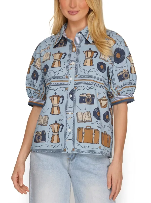 Women's Travel Hobbyist Camera Coffee Book Printed Blouse