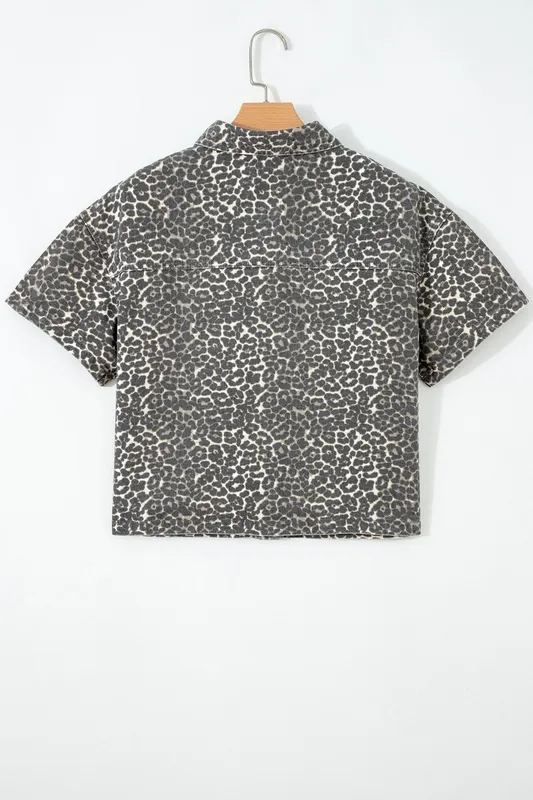 Gray Vintage Leopard Print Short-Sleeve Loose Cotton Denim Shirt