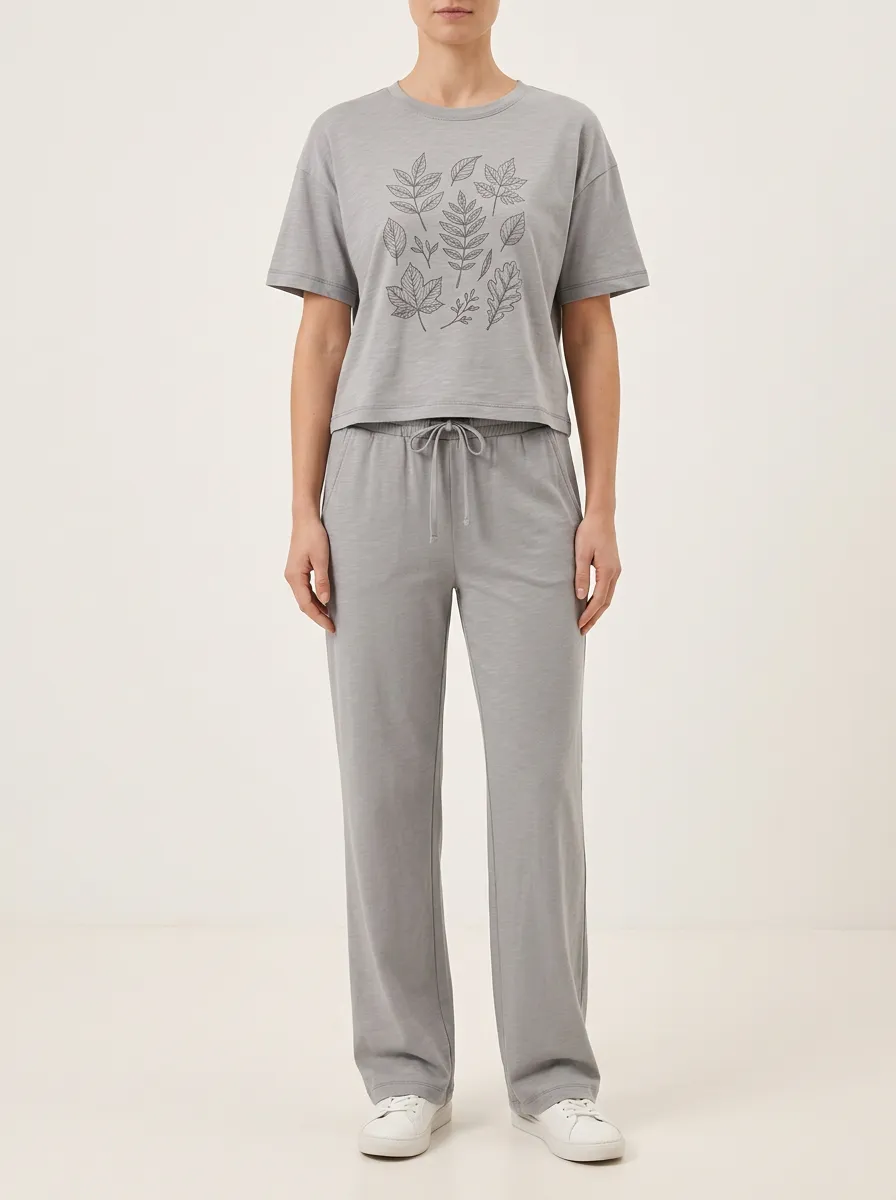 Women's Botanical Leaf Graphic Crewneck T-Shirt and Wide-Leg Pants Set