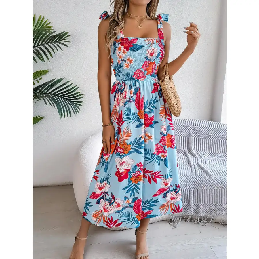 Smocked Tie Shoulder Midi Dress
