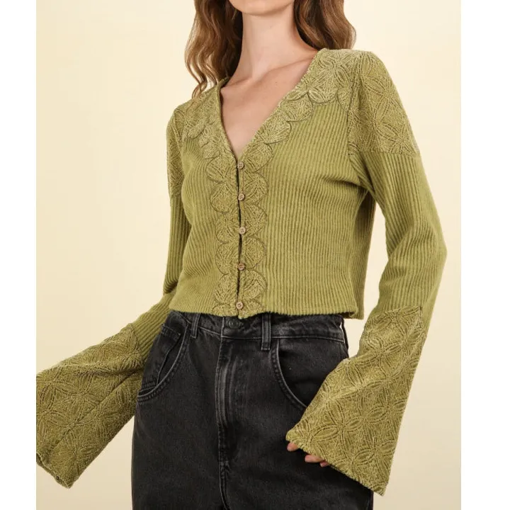 V Neck Lace Detail Button Down Crop Ribbed Knit Top