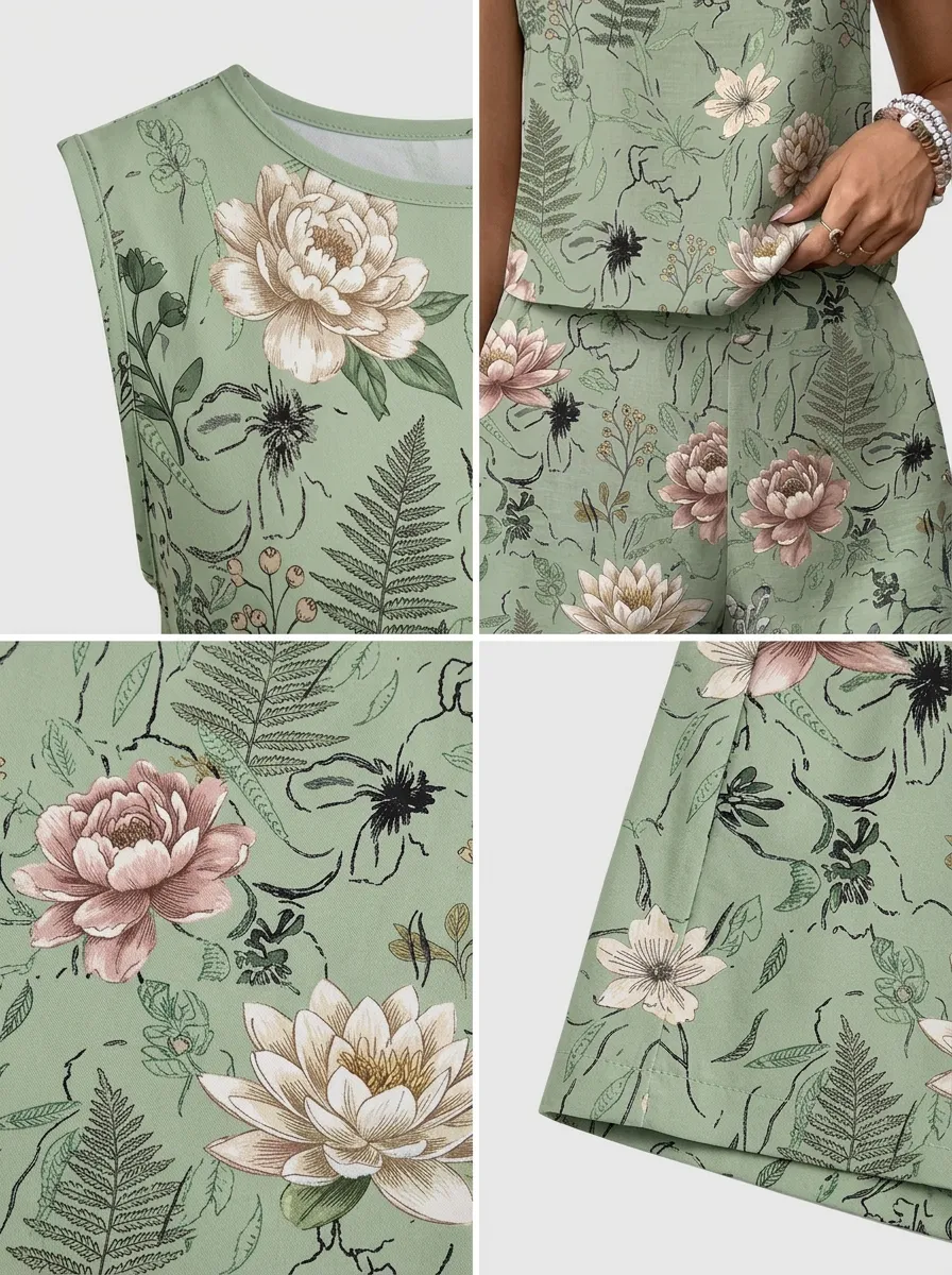 Women's Botanical Floral Fern Printed Sleeveless Short Set